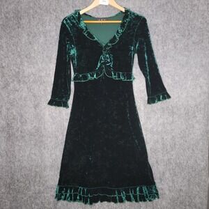ABS by Allen Schwartz Velvet Ruffle Dress Green Size Small V Neck Midi Dark Boho